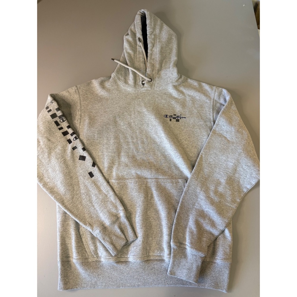 Champion Mens Gray Checkered Sleeve Graphic Hoodie Sweatshirt GF89H Size M